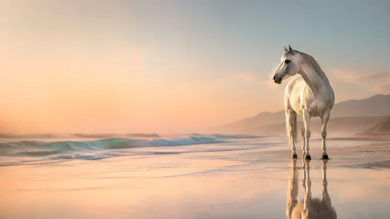 Antes da Aurora · Areia e pêssego. Pêssego, areia e luz dourada percorrem o cavalo e seu reflexo.