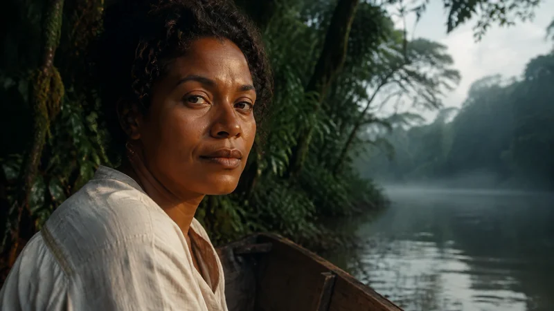 Margem de Dentro · Pele e floresta. Pele quente e verdes em camadas aproximam a personagem da floresta.
