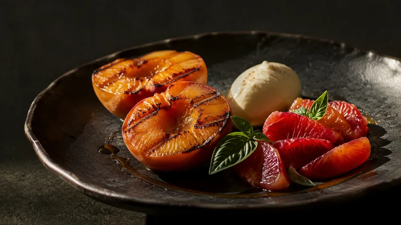 O Tempo do Sabor · Fruta dourada. Dourados e vermelhos valorizam a fruta, com verdes naturais nas folhas.