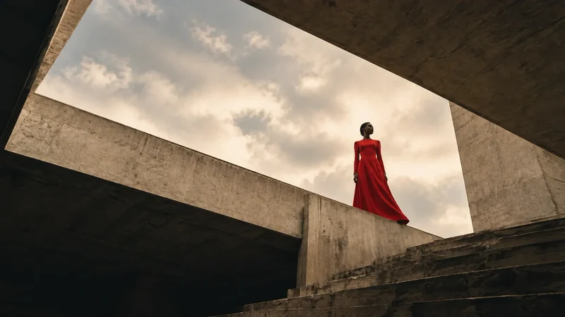Ponto de Fuga · Concreto solar. Concreto aquecido e vestido vermelho conduzem o olhar pela arquitetura.